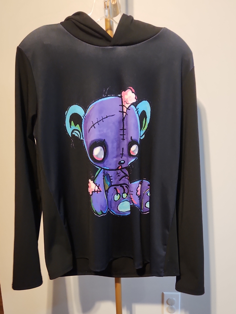 Kids Black Hooded Tee with Purple Cartoon Bear Graphic